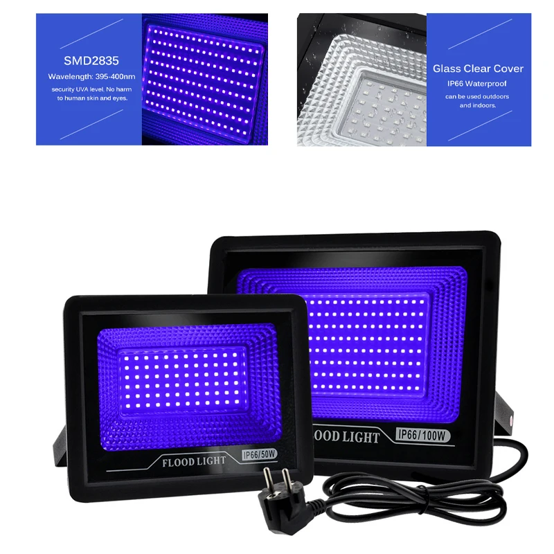 LED Purple Light 50/100/150W Floodlight Bar Haunted House Fluorescent UV Curing Light Outdoor Indoor Waterproof IP66 Decorative