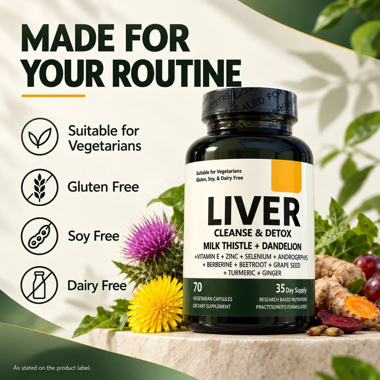 Liver Support Supplement Milk Thistle Dandelion with Vitamin E, Zinc Selenium 70 Vegetarian Capsules for Daily Wellness & Health