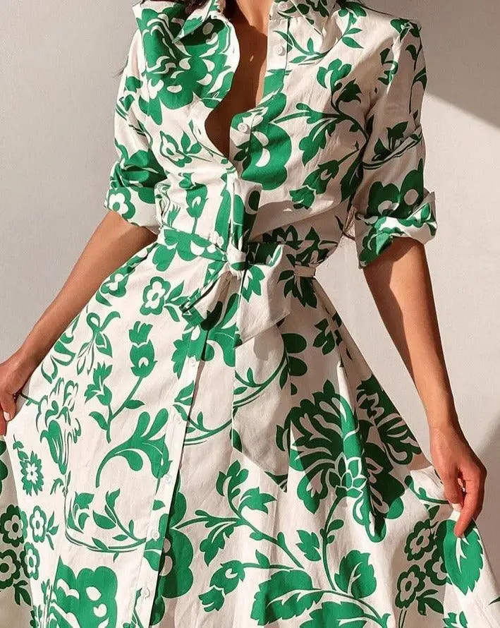 فساتين ماكسي مطبوعة للنساء معانقة الخصر وأكمام طويلة فستان قميص ربيع الخريف سيدة عادية مكتب عطلة فستان رداء #6