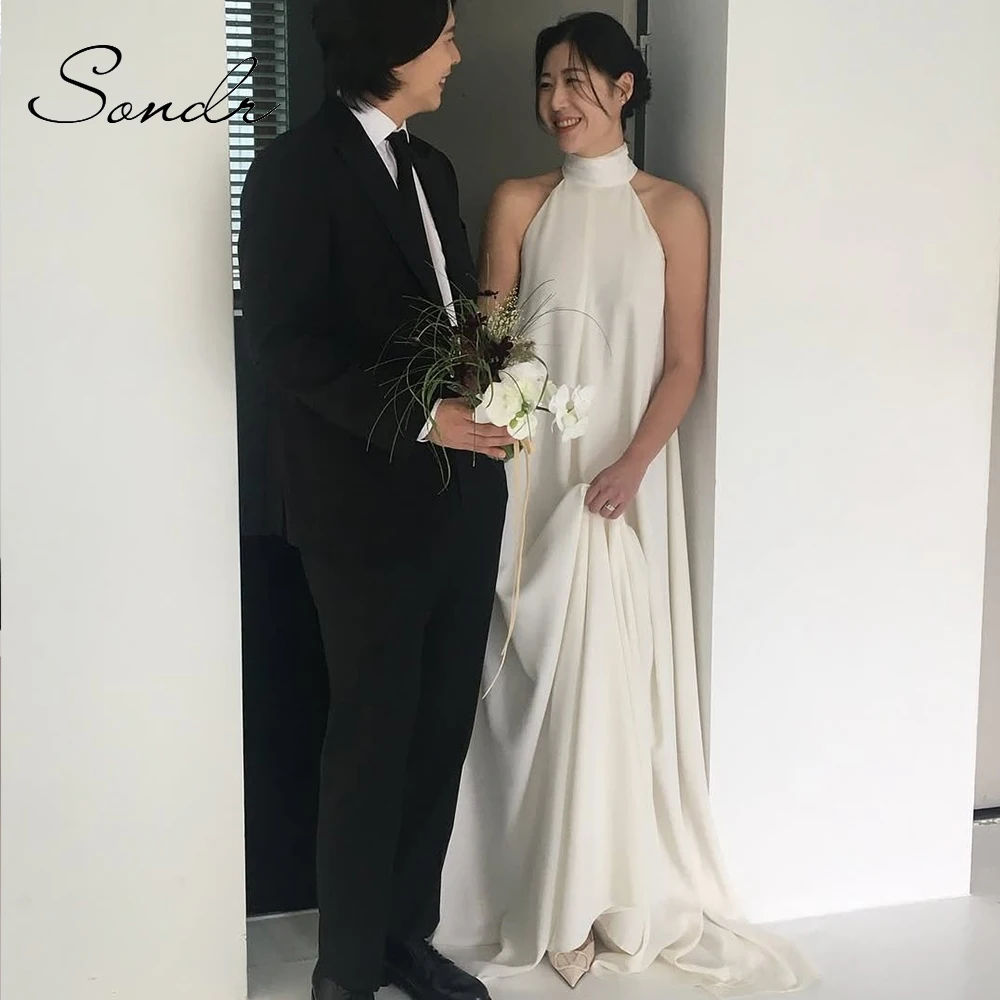 

Sondr Simple Korean Wedding Dresses O-Neck Sleeves Customized A Line Bridal Party Dress Wedding Elegant Reception Dress