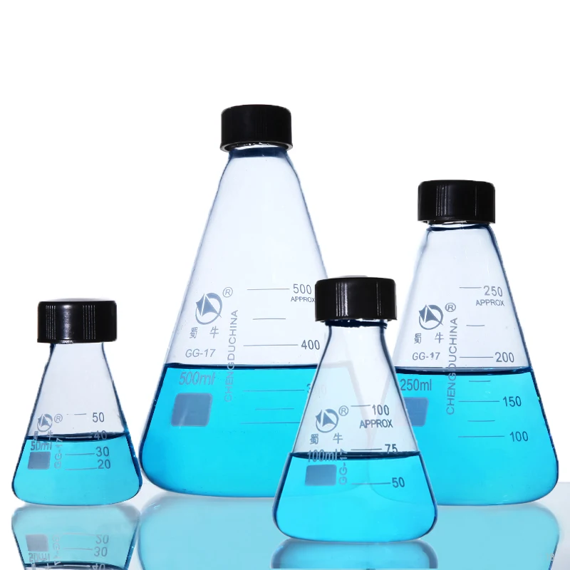 50ml 100ml 250ml 500ml 1000ml Lab Glassware Pyrex Glass Conical Erlenmeyer Flask Sample Refillable Bottle with Screw Lid Stopper