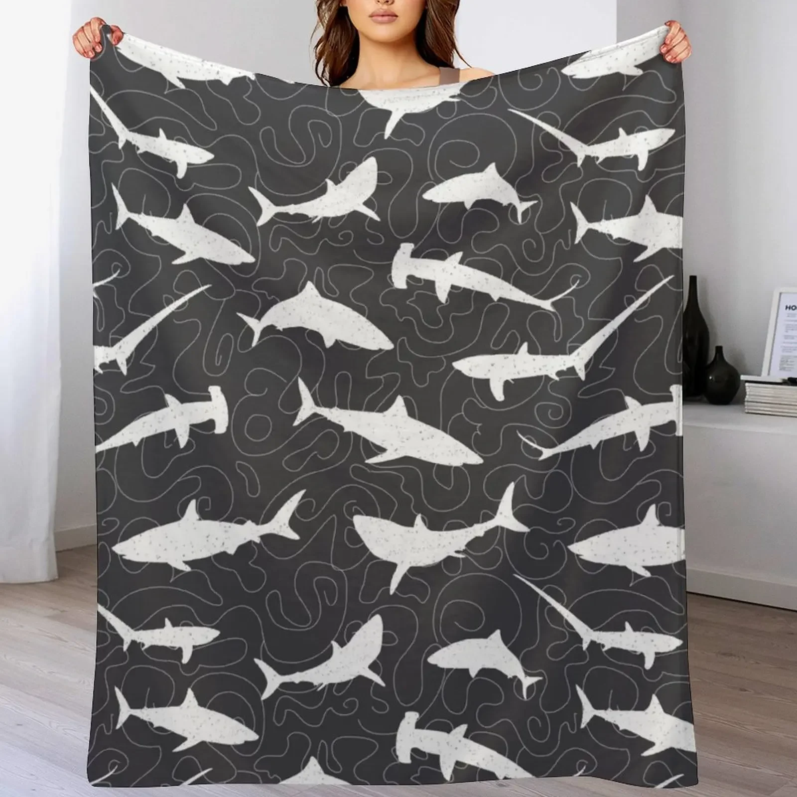 Shark Frenzy Pattern on Charcoal Grey Throw Blanket Stylish Decor Blanket Gift for Friends Roommate
