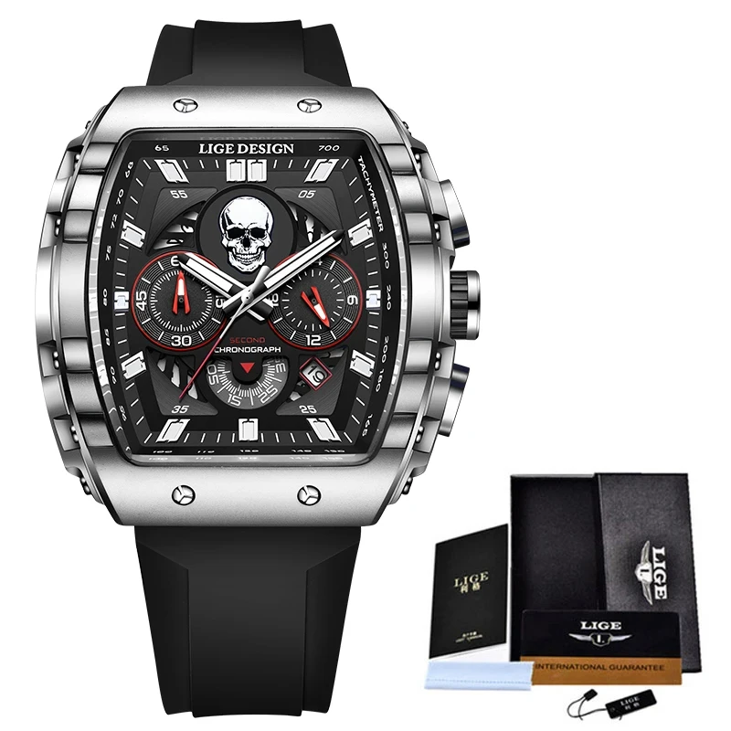 LIGE Brand Watch Men Skeleton Skull Dial Sport Army Watches Mens Fashion Luxury Waterproof Quartz Watch Chronograph Montre Homme