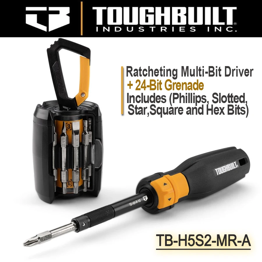 

TOUGHBUILT Ratcheting Multi-Bit Driver + 24-Bit Grenade Includes Phillips, Slotted, Star, Square and Hex Bits NO.TB-H5S2-MR-A