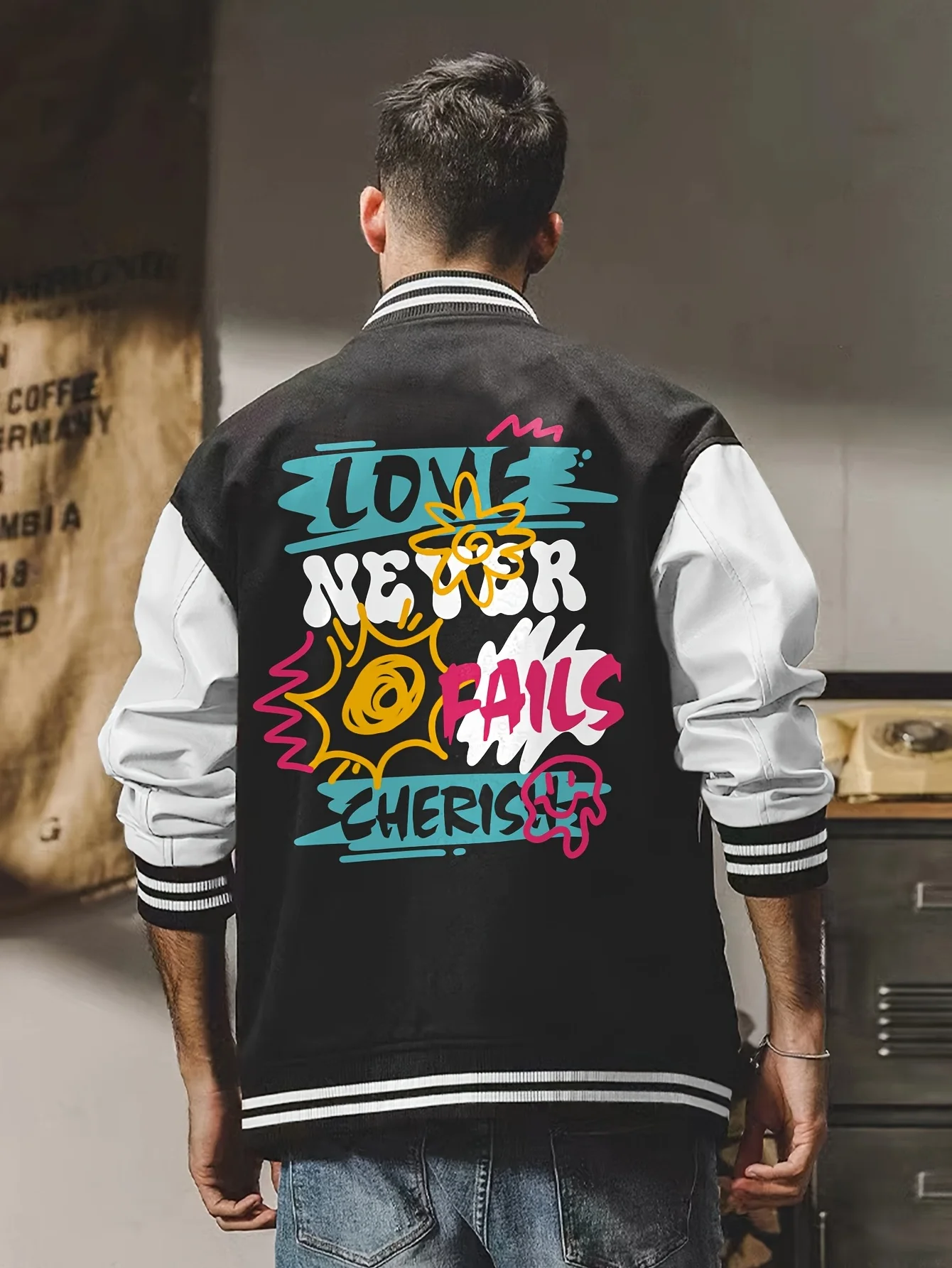 

Яркая бейсбольная куртка с тотемным принтом и буквами, повседневная эластичная бейсбольная куртка свободного покроя, красочная модная массивная куртка