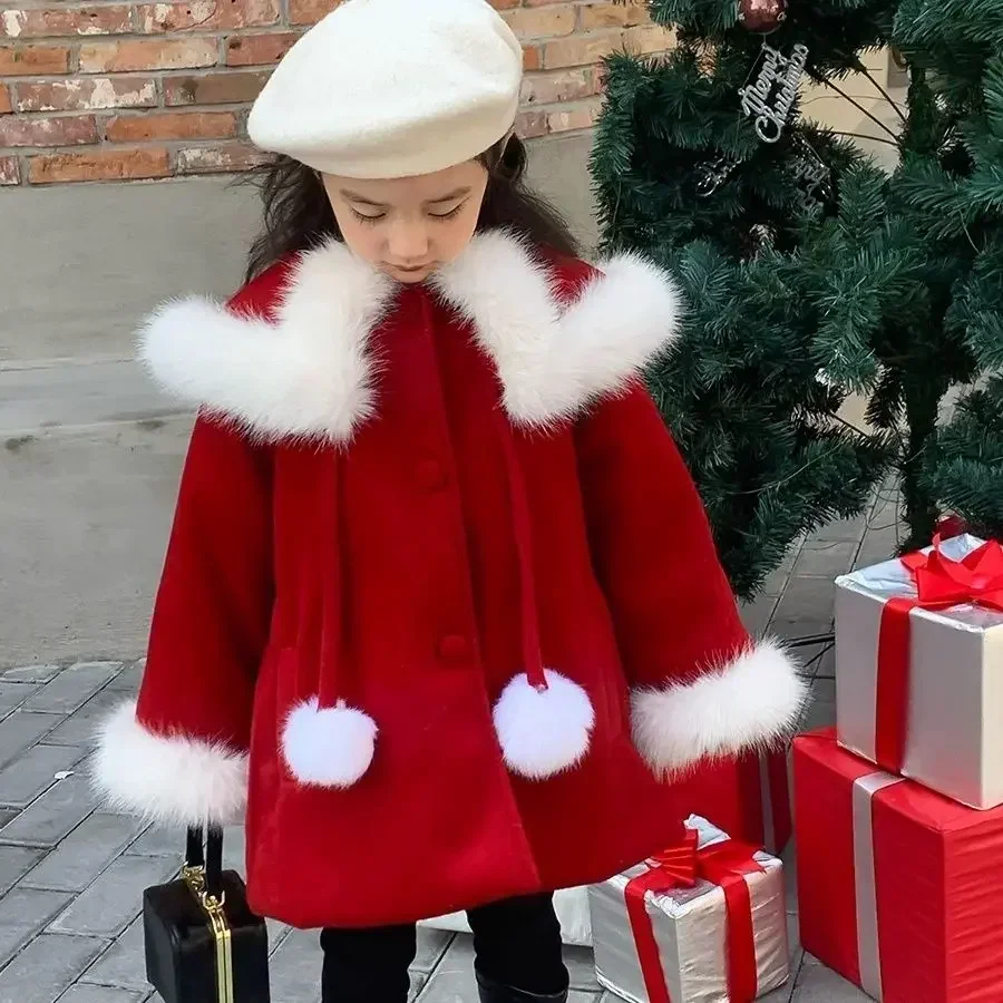 Winter Warm Long Jackets Red Coats Cute Girls Baby Thick Kids Artificial Fur Lapel Outerwear Children Coat Christmas Jacket