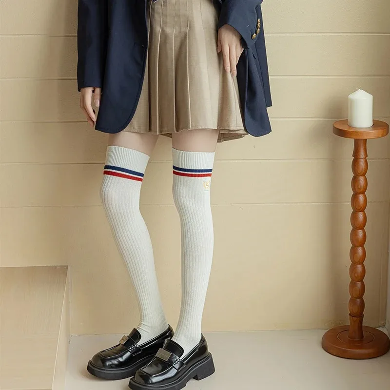 

For Autumn And Winter Women's High Sleeve Socks College Style Colorful Stripe Double Needle Embroidery Pure Cotton Knee Socks