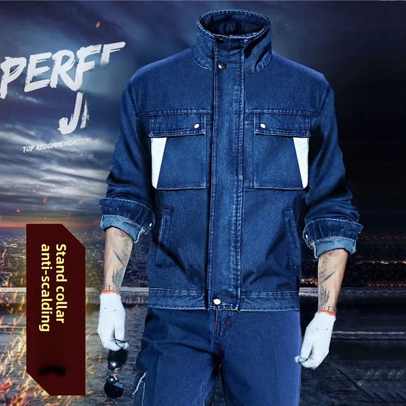 

Thickened Pure Cotton Work Uniform Set for Men's Denim Welding Jacket And Pants Anti-Heat Wear-Resistant Stand Collar
