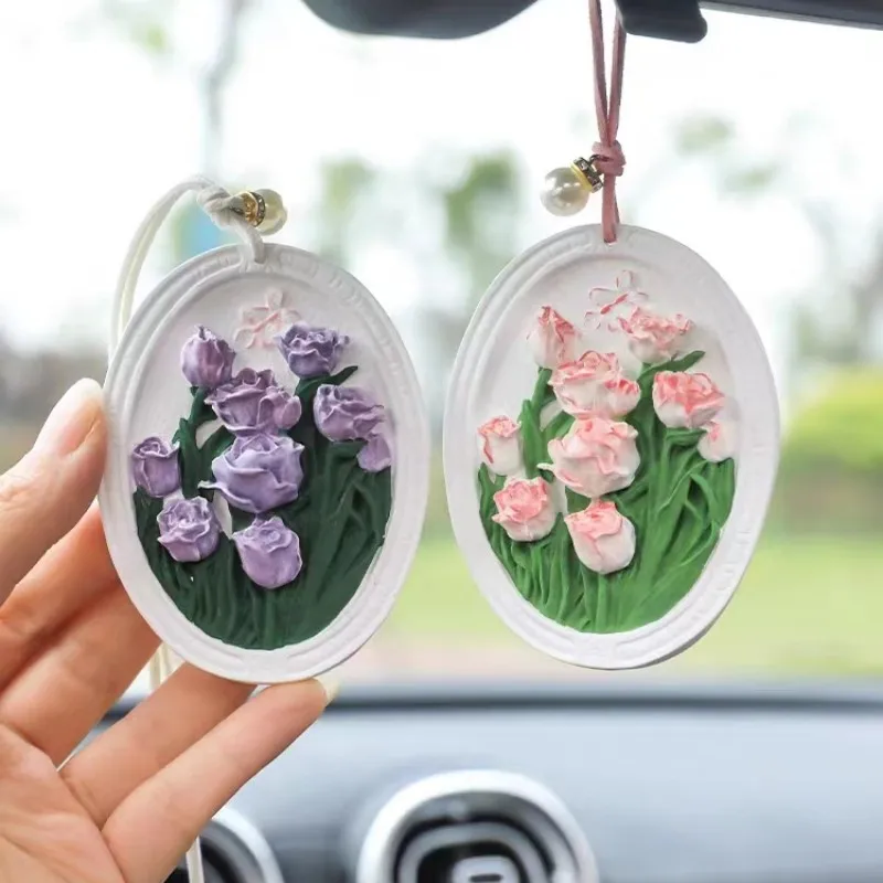 3D Rose Flowers Aromatherapy Wax Pendant Silicone Mold DIY Oval Plaster Gypsum Ornament For Car Decoration Molds