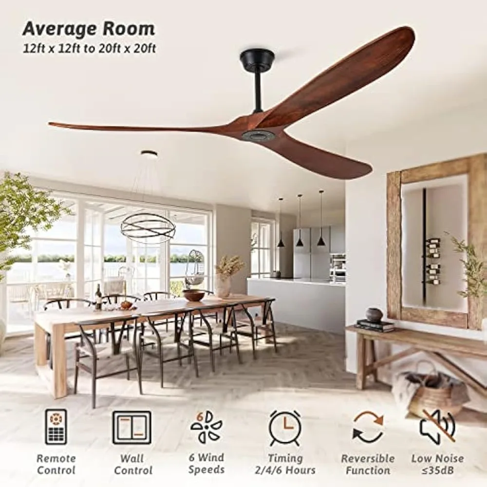 remote control and wall control, walnut ceiling fan with 3 wooden blades, 6-speed intelligent timing reversible DC motor