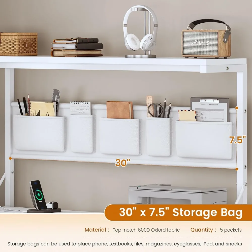 مكتب كمبيوتر زاوية، مكتب كمبيوتر على شكل حرف L قابل للعكس مع أدراج قماشية ومخرج طاقة، مكتب ألعاب مقاس 47.2 بوصة مزود بإضاءة LED