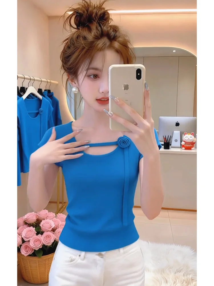 Fashionable Knitted Short Sleeve T-Shirt in Klein Blue Summer 2026 Women's Casual Wear Comfortable Breathable round Neck Top