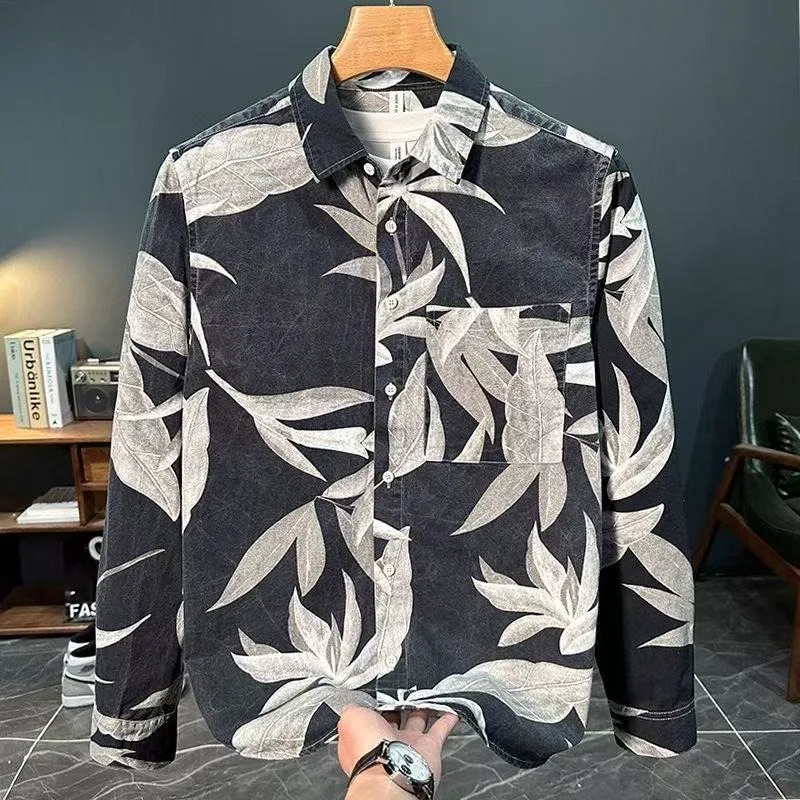 

Осенне-зимняя мужская рубашка большого размера свободного кроя с модным узором в стиле акварели, универсальная и удобная