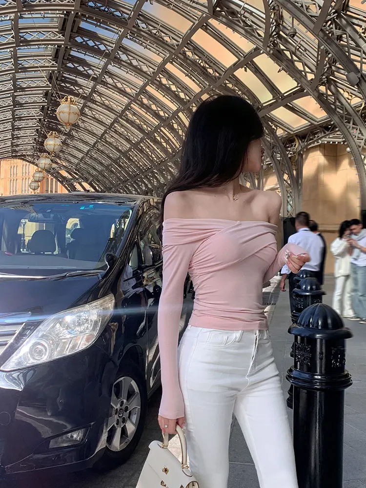 

Вязаный топ UK Bla Pure Desire Hot Girl с одним открытым плечом и длинным рукавом, осенне-зимний, для повседневной носки