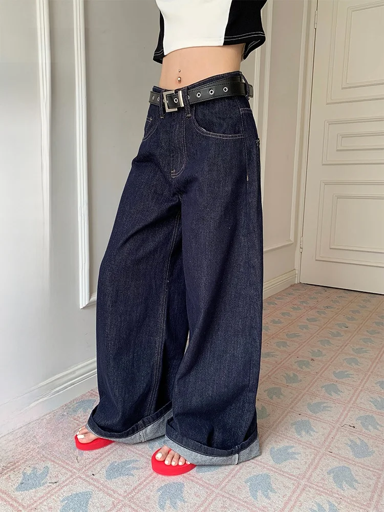 

Широкие синие джинсы с низкой талией, женские свободные прямые повседневные брюки длиной до пола, осенние модные повседневные свободные джинсовые джинсы