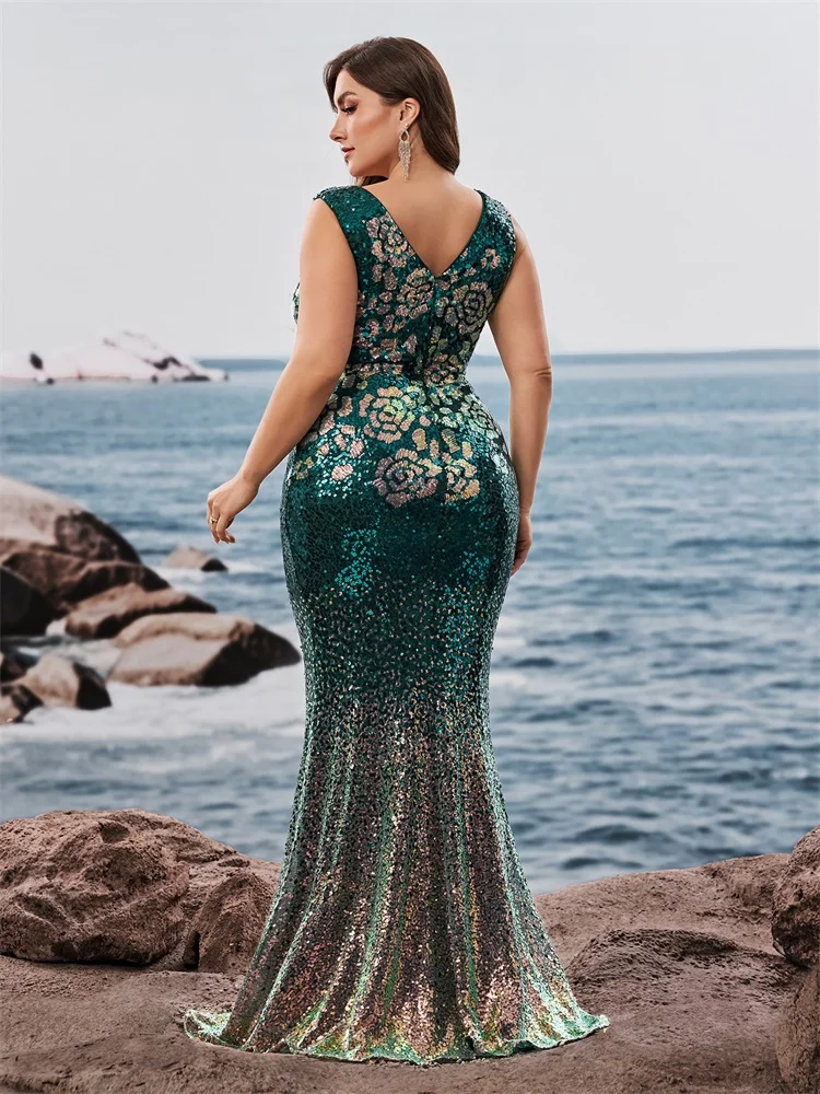 Lucyinlove Plus Size Elegante scollo a V Paillettes Abiti da sera Lunghi Nuove donne di lusso Formali Sirena Abiti da cocktail per feste di nozze