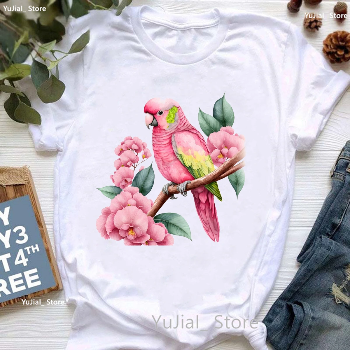 Rainbow Cockatiel/Parrot Bird Tshirt Girls Harajuku Kawaii Clothes Summer Short Sleeve T Shirt Femme Fashion T-Shirt Female