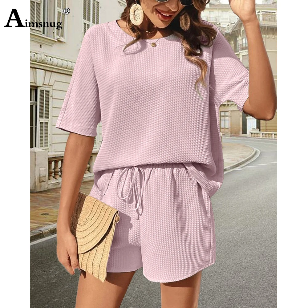 Women Casual Waffle Two Piece Sets 2023 America Europe Fashion Knitted Tops and Elastic Waist Shorts Suits Female Tracksuits Set