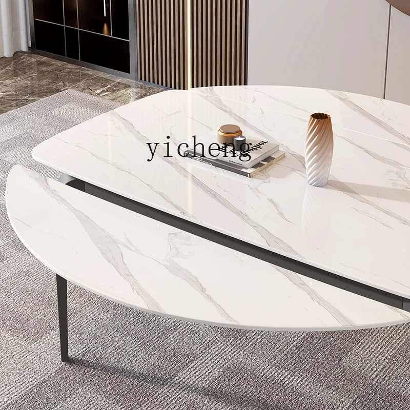 YY Cream Style Bright Stone Plate Dining Table Retractable Folding Variable round Light Luxury