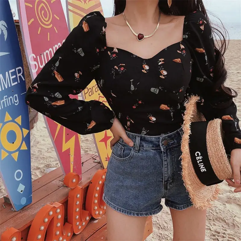 Spring Summer New Printing Fashion Long Sleeve Blouse Women French Style High Street Casual Square Collar Pleated Chic Pullover