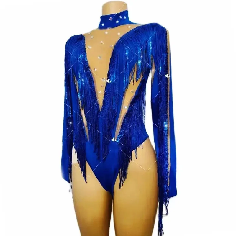 

Blue Sequins Fringed Rhinestones Bodysuit Latin Pole Dance Tassel Leotard Bar Nightclub Sexy Transparent DJ Gogo Dance Costume