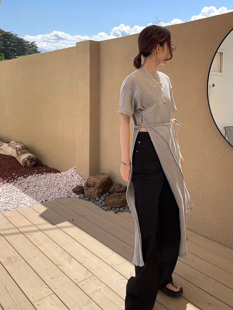 Women -neck Casual Y2k Sexy Asymmetrical Tee Dresses Vestido 2025 Summer Korean Fashion Bandage Split Side Long T-shirt Dress