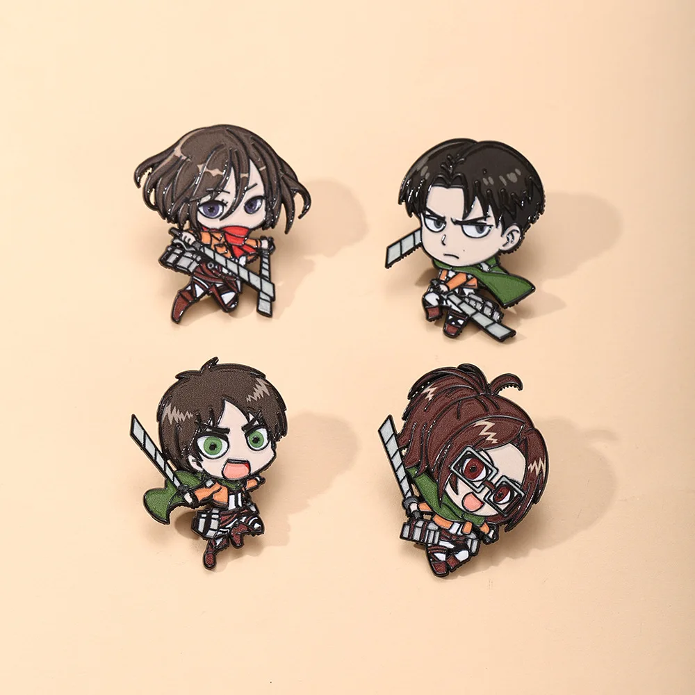 

4pcs Set Attack On Titan Chibi Enamel Pins Mikasa Eren Levi Ackerman Hange Brooch Backpack Bag Accessories Anime Fans Gift