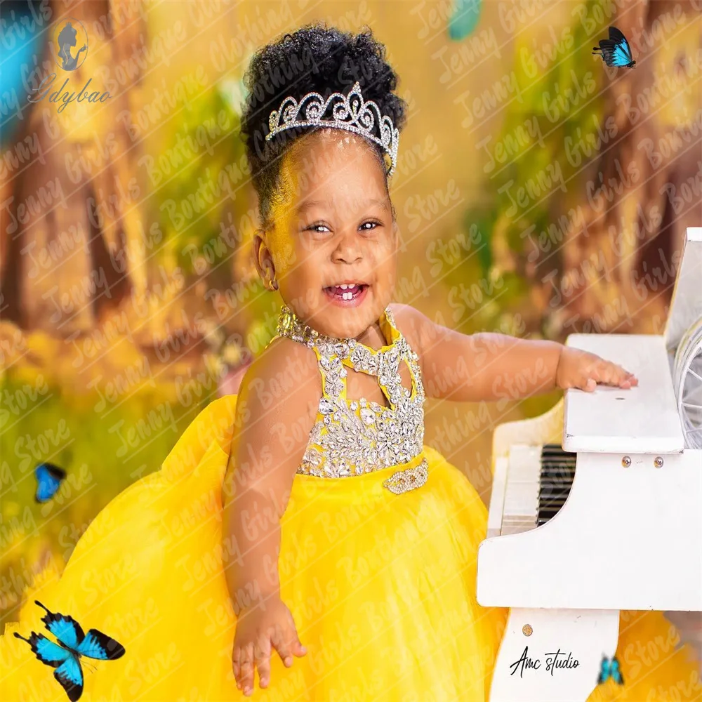 Customized Tulle Ruffles Flower Girl Dresses Beaded Yellow Kids Ball Gown Crystals Tiered First Birthday Prom