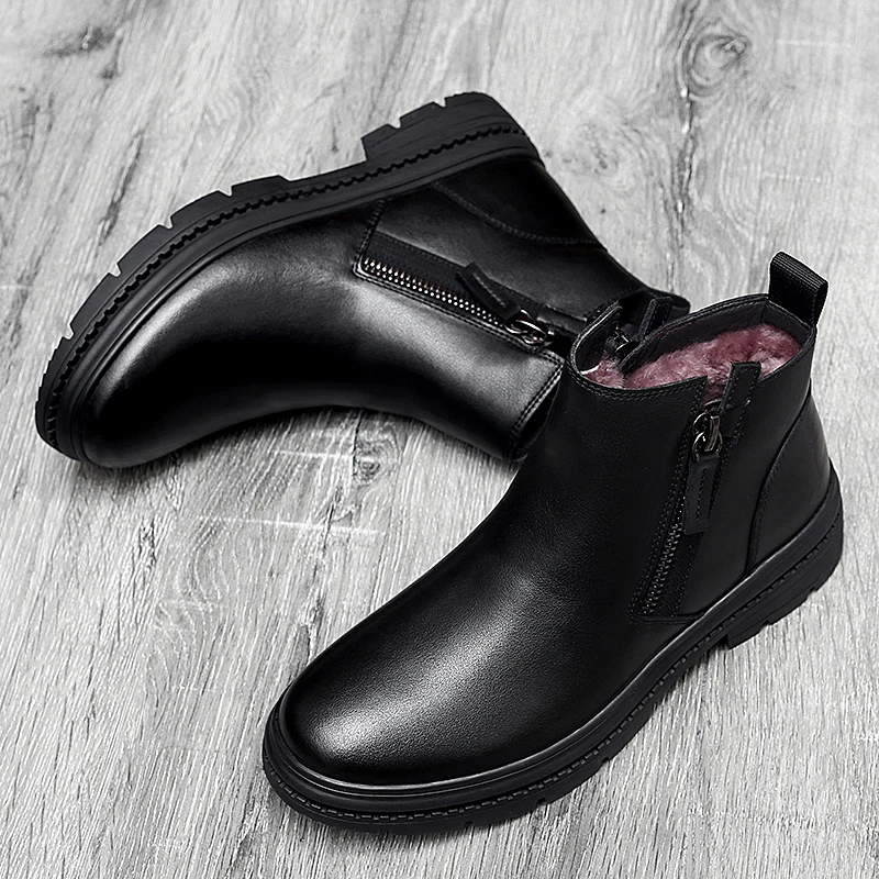 Man Winter Chelsea Boots Fur Warm Male Casual Genuine Leather Shoes Designer Men\'s Dress Boot Handmade Zipper Business Footwear