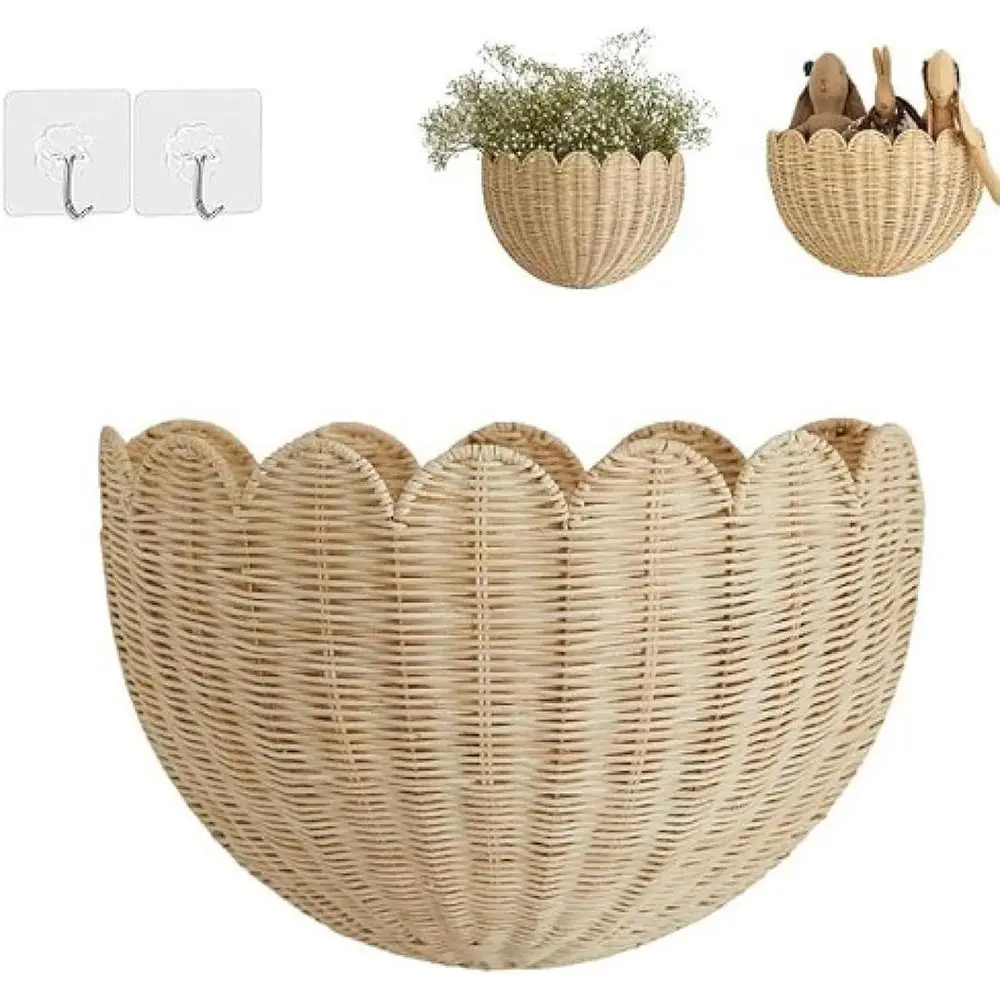 

Durable Scallop Wall Basket with Hook Convenient Scalloped Wall Wicker Basket Long Lasting Storage Basket for Bedroom Bathroom