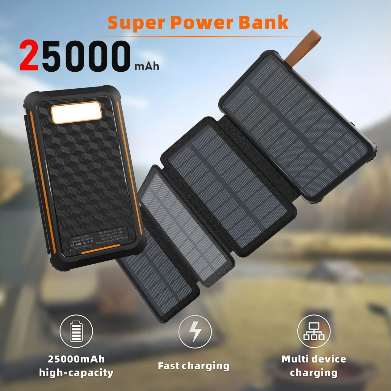 Solar Power Bank 25000mAh Fast Charging External Battery Outdoor Travel Waterproof Support for Multiple Mobile Devices