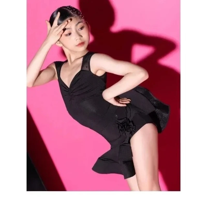 Girls Latin Dance Dress Set Sleeve Flared Skirt BlackPink For Kids Cha Cha Rumba Practice Competition Costumenternet Popular