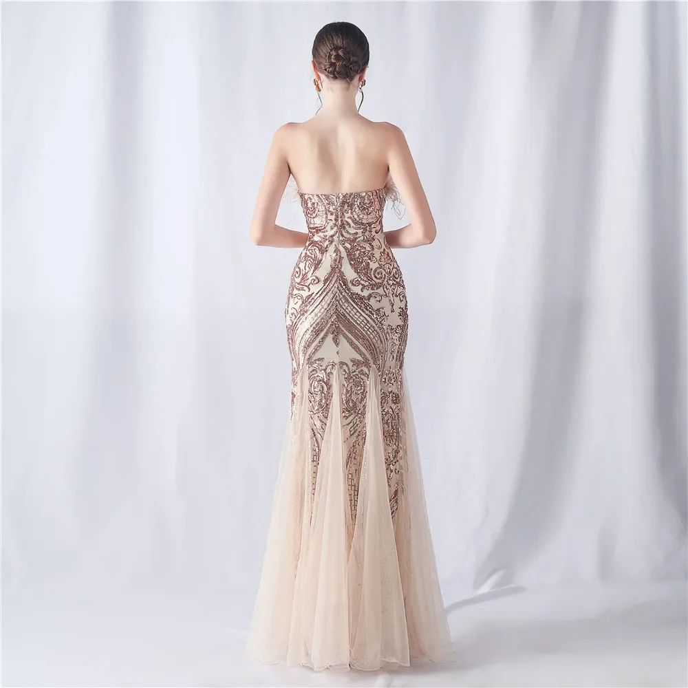 Women Feather Long Prom Dress Off Shoulder Sequin Strapless Evening Dress Sexy Party Floor-LengthMaxi Dress