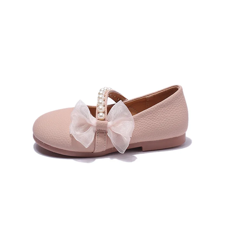 Girls Princess Leather Shoes Sweet Bowtie Children's Flats Elegant Pearl Kids Causal Solid Color Wedding Shoes Fashion Versatile