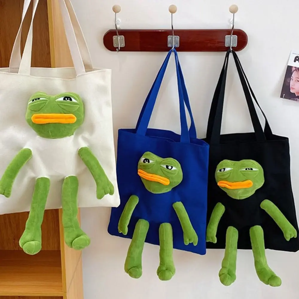 Canvas Shoulder Bags Fashion Anime Cartoon Shopping Bag Stuffed Sad Frog Cute Crossbody Bag Women