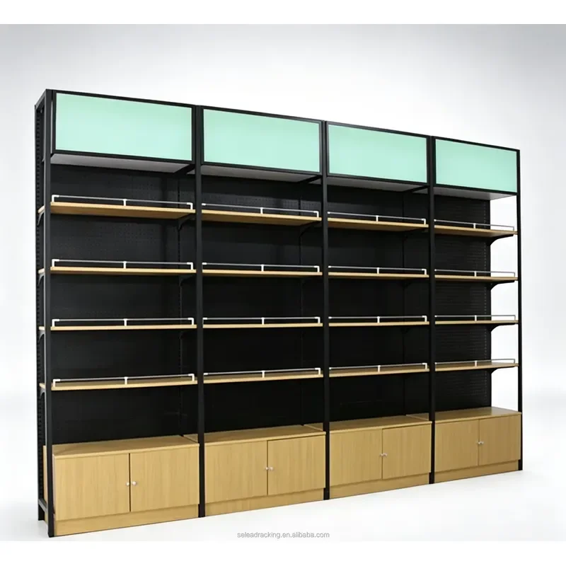 for  Steel and Wood Wall Mounted Display Stand with  Plate Back Locker and Light Box Frame  Supermarkets