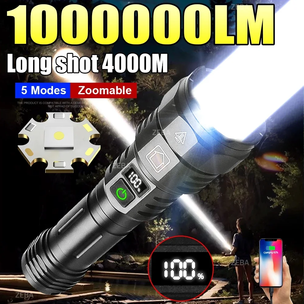 1000000LM Super Powerful LED Flashlight USB Rechargeable Flashlight Lantern Light 18650/26650 Battery Fishing  Camping ZoomTorch