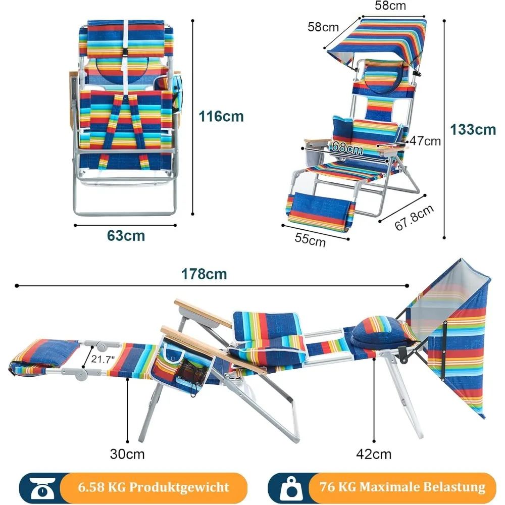 كرسي شاطئ 4 في 1 مع مظلة وكرسي تسمير البشرة وفتحات للوجه والذراع ووسادة قطنية ومساند للذراع للاسترخاء النهائي