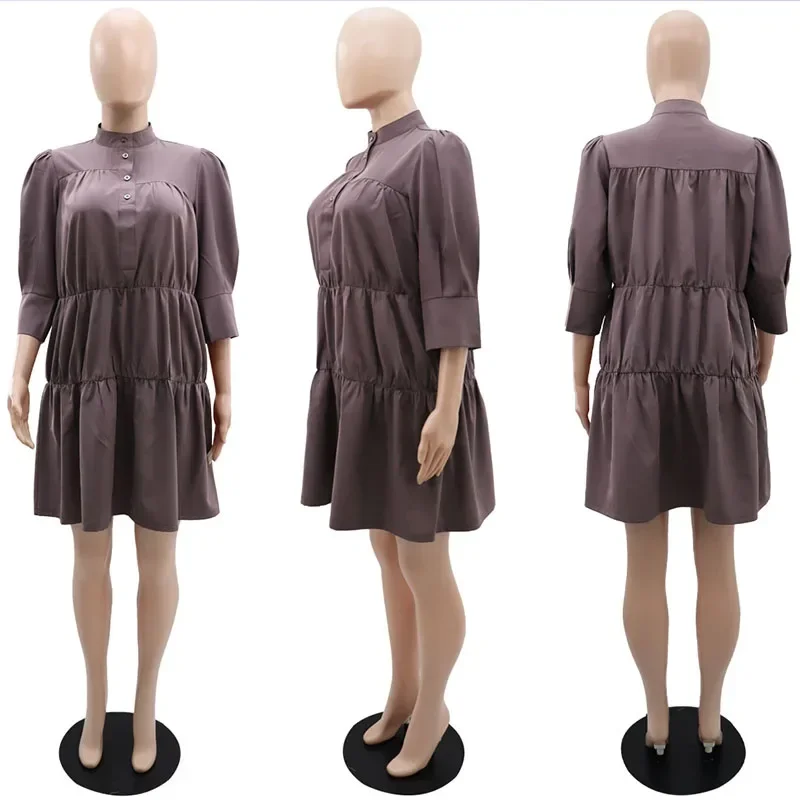Streetwear Effen Shirt Jurk Met Lange Mouwen Vrouwen Button-Up Stand Kraag Driekwart Mouw Losse Casual Grote Swing Babydoll Jurk