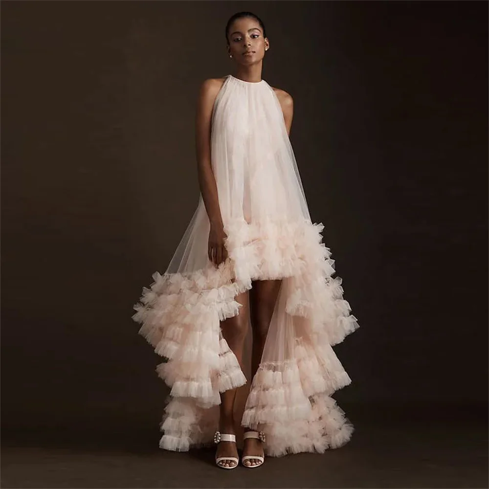 Amanda Mesh O-Neck Loose robes de soirée Tiered Ruffle Sleeveless Floor-Length Evening Dresses Foraml Evening Wedding Dress