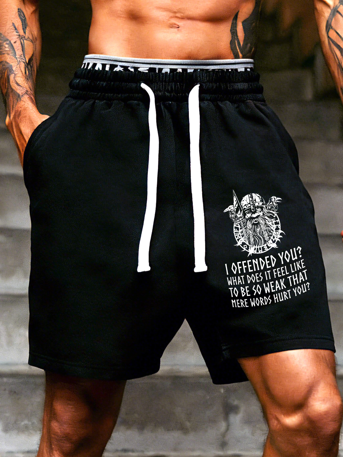 

Men's Summer Cotton Printed Unlined Shorts with Viking Warrior Pattern and Bold Quote "I Offended You. How Does It Feel"