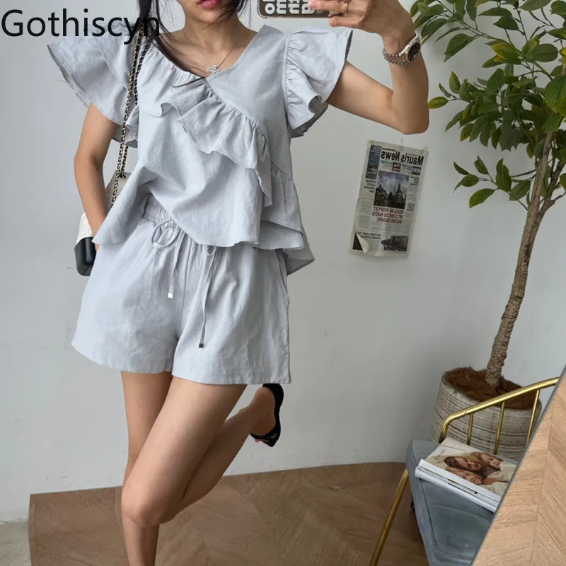 

Gothiscyn Casual Set Women's Summer Ruffle Short-sleeved Shirt Drawstring Elastic Waist Shorts Two-piece Set Female Clothes