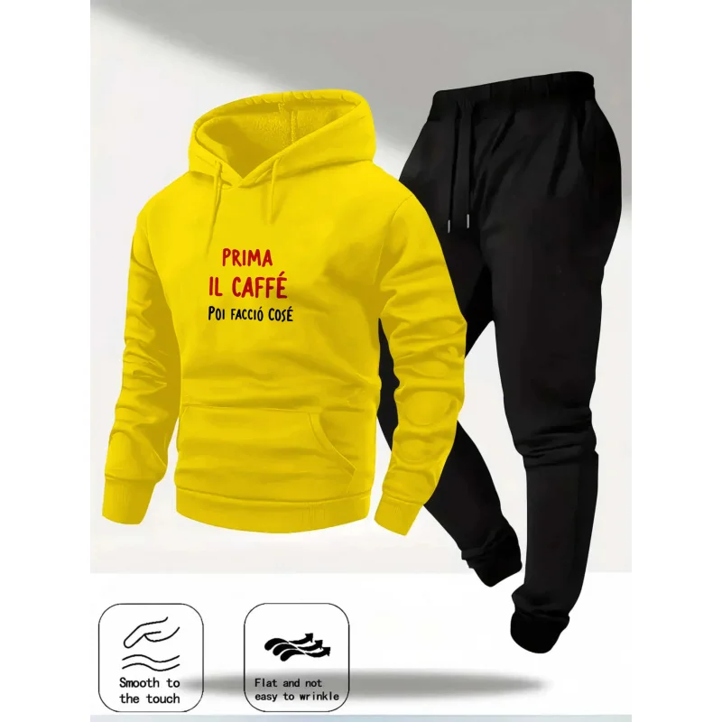 طقم هوديي أصفر مطبوع Prima Il Caffe Poi Facio Cose تصميم نص لباس غير رسمي لمحبي القهوة سويت شيرت وسراويل مريحة #1