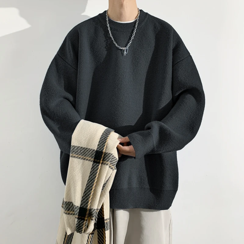 Sweater Fashion Korea Pria Musim Gugur Sweater Wol Warna Solid Slim Fit Pria Streetwear Pakaian Pria Sweater Rajutan Pullover Pria