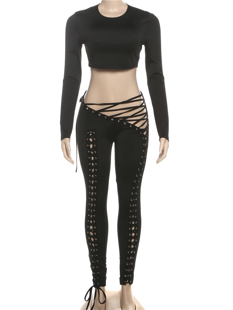 Nibber セクシーな 2 点セット女性 o ネック長袖シンプルなクロップトップス + クロス包帯中空パンツミッドナイトファッションコケットスーツ