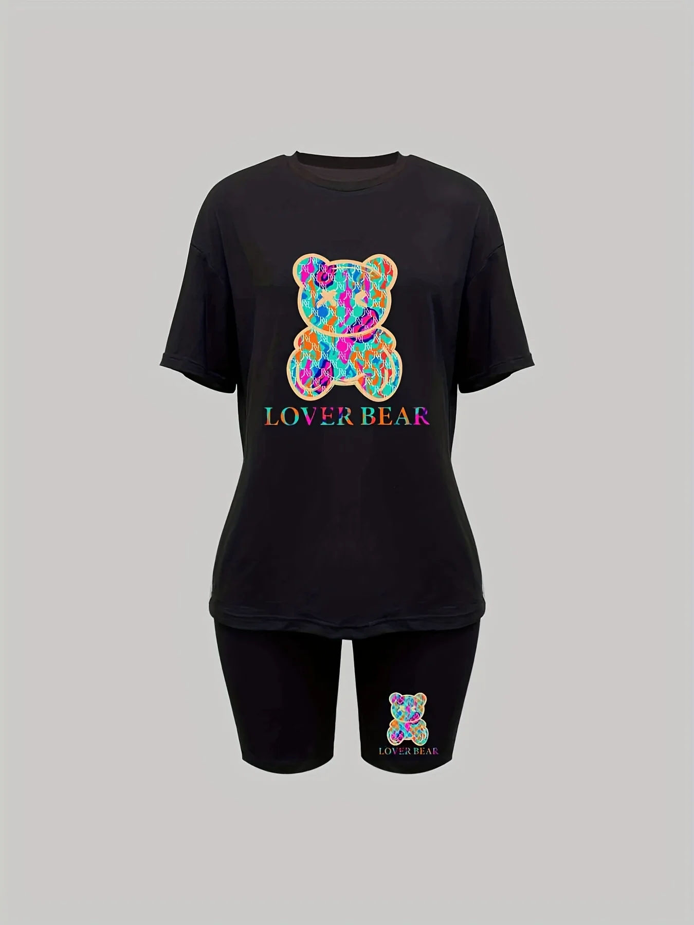 Lover Bear Print Two Piece Outfit Short Sleeve Crew Neck Comfortable Breathable Casual Fashion T-Shirt Outdoor Street Clothing