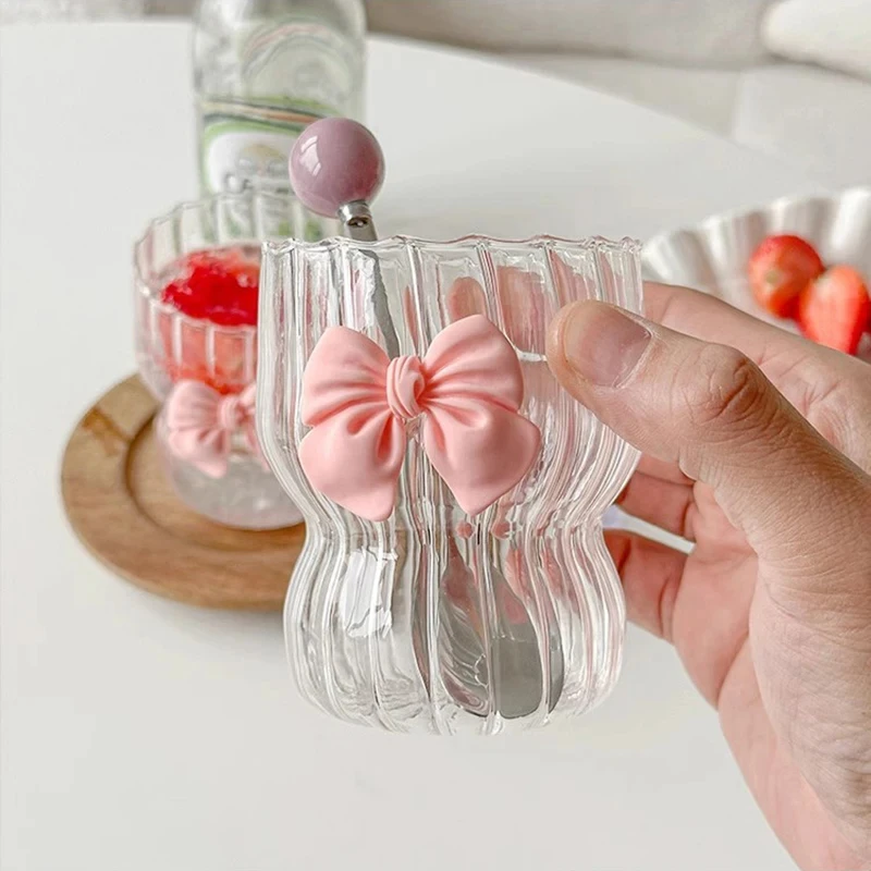 1pcs Cute Bow Glass Cup Clear Striped Water Cups Striped Water Coffee Cup For Beer Milk Beverages Cocktails Drinking Water Tool