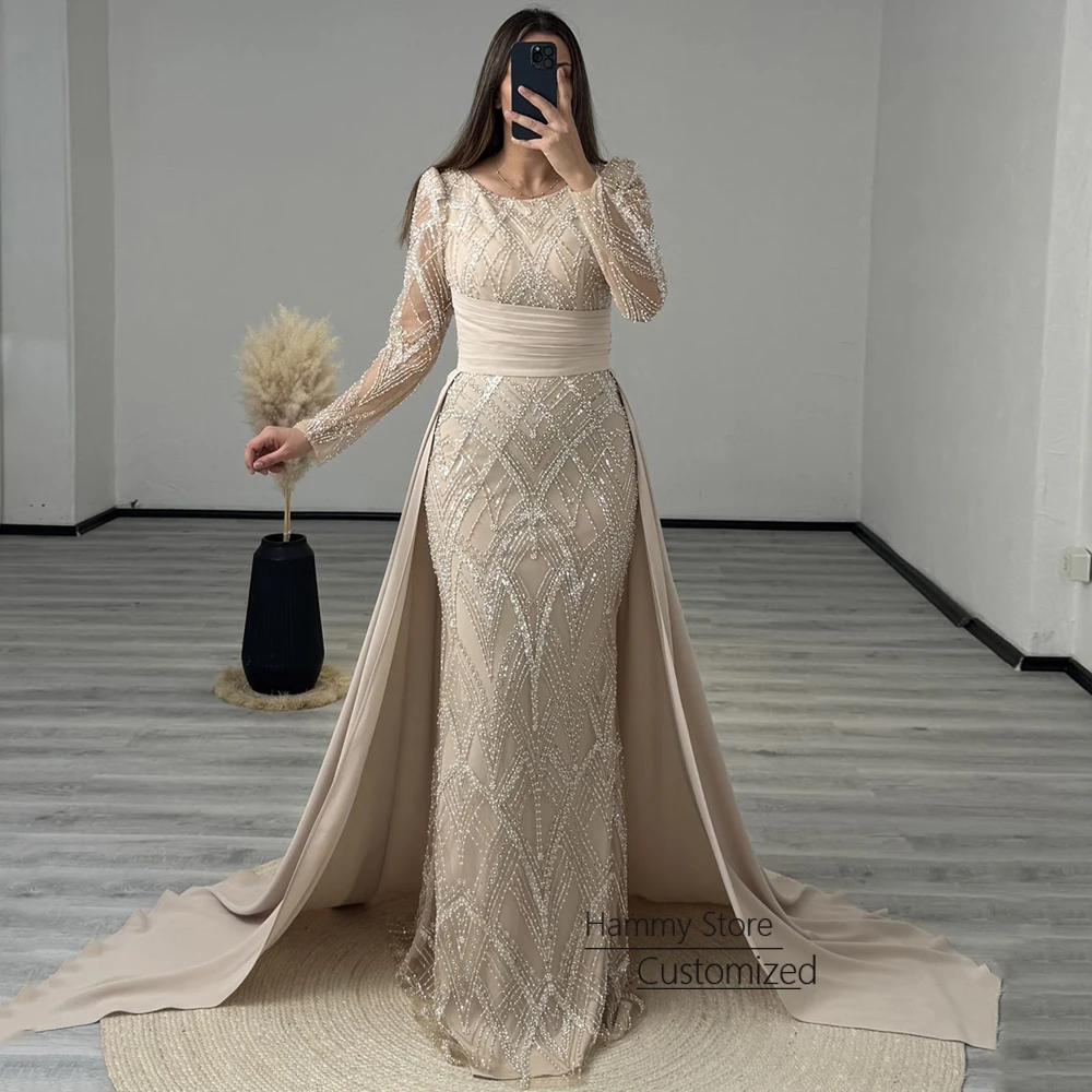 

Customized Sparkling Evening Dress with Detachable Train Scoop Neck Long Sleeves Beading Sequined Mermaid Prom Gown
