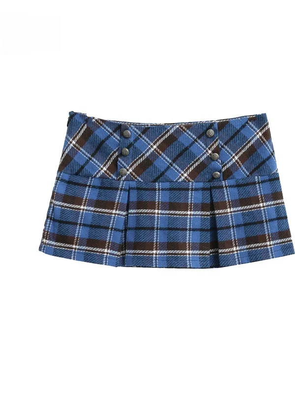 

Low Waist A-Line Skirt with Double Buttons American Retro Plaid College Sle Outerwear for Women Slimming JK ort Skirt