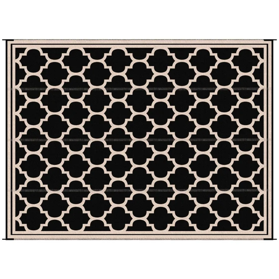 

Outdoor Rug 9x12 Modern Reversible Folding Plastic Four Straps for Backyard Deck Picnic Camping Black Beige